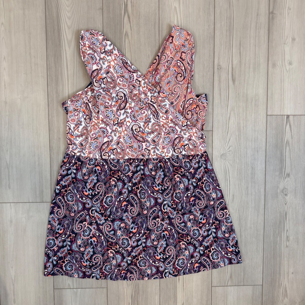 Lands End Womens‎ 26W Paisley Swim Dress V-Neck One Piece Swimsuit Multicolor